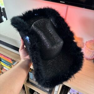 Black Glitter Cowboy Hat with Faux Fur Trim